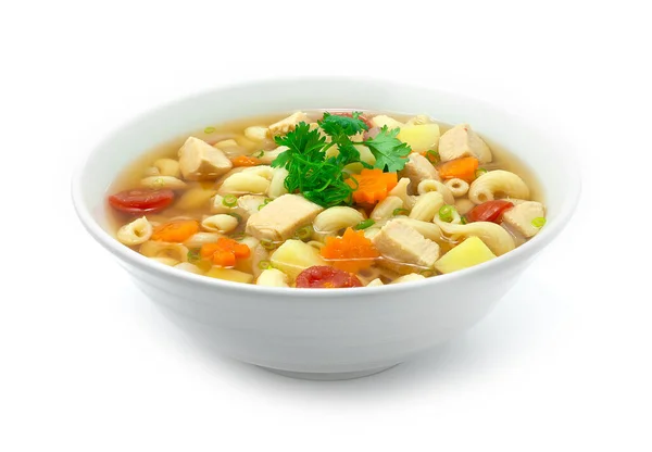 Macaroni Soup with Chicken,tomato,potato,carrots and onion Served as Breakfast, side dish or Maincorse goodtasty delicious decorate Coriander sideview — Stock Image Macaroni Soup Chicken Tomato Potato Carrots Onion Served Breakfast Side Stock Image