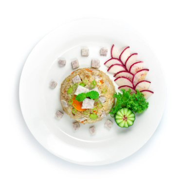 Taro, Tuzlu Yumurta Yumurtası ve Yeşil Fasulye Çin Yemeği Asya Sebze Sağlıklı Stil oyulmuş salatalık ve sebze üst görünümü