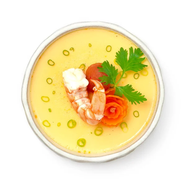 Steamed Egg with Shrimps, tomato and Carrot Japanese Food fusion Asian style decorate Coriander Food dish all can eat or Clean food good healthy for diet topview