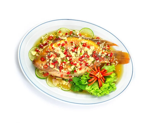 Gedämpfter Fisch Mit Limettensoße Würzig Tasty Red Tilapia Fish Thai — Stockfoto