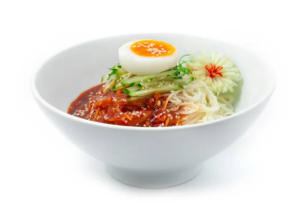 Korean Spicy Noodles Guksu Ontop Boiled Egg White Bowl Traditional — Stock Photo, Image