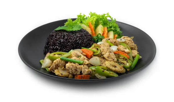 Pollo Con Salsa Pimientos Negros Servido Receta Arroz Thaicuisine Healthy —  Fotos de Stock