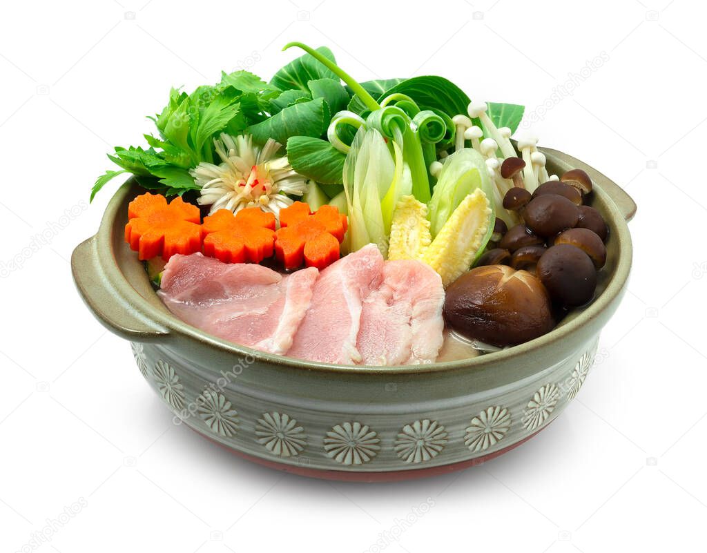 Sukiyaki Japanese Pork hot pot dish Served Vegetables Traditional popular of Asian  Goodtasty Healthy Delicious diet sideview