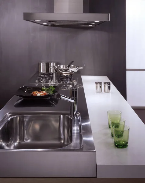 Steel Kitchen Top Sink Hob — Stock Photo, Image