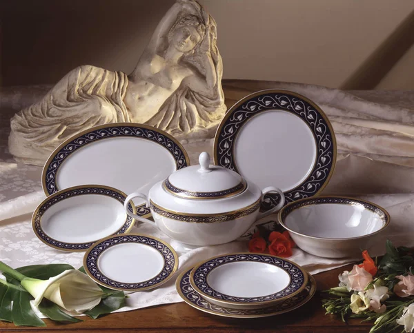 Set Piatti Decorati Ceramica Bianca — Foto Stock