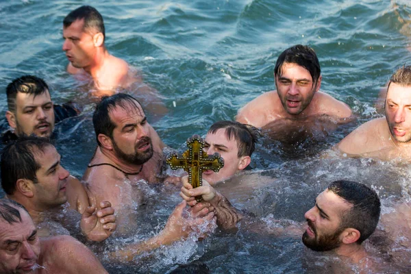Istanbul Turkey January 2018 Men Wooden Cross Epiphany Ceremony Bless — Stock Photo, Image