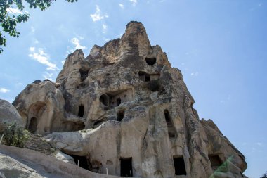 Türkiye 'de Kapadokya' da Goreme mağara kentinin günbatımının görüntüsü