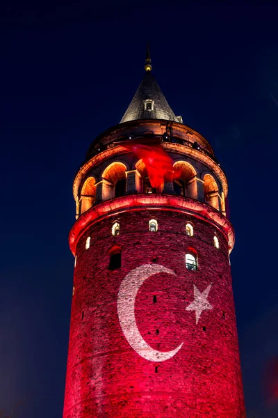Torre Galata Con Espectáculo Luces Bandera Turca Por Noche Desde — Foto de Stock