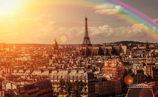 Regenbogen Über Und Sonnenuntergang Eiffelturm Paris Stockfoto