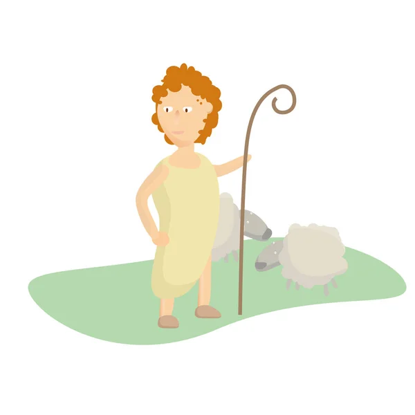 Koyun otlatan asası olan kızıl saçlı bir çocuk.