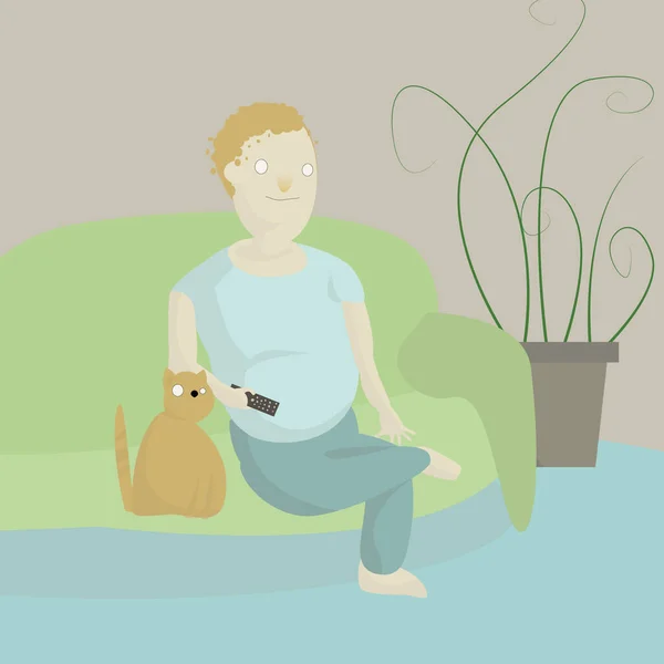 Şişman adam karantinada kedisiyle televizyon izliyor.