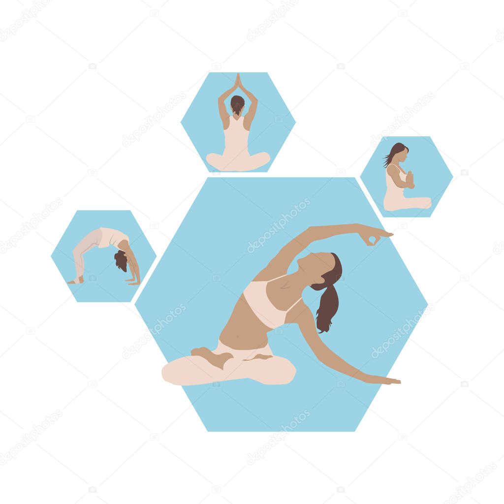yoga class, meditation, blue background icons