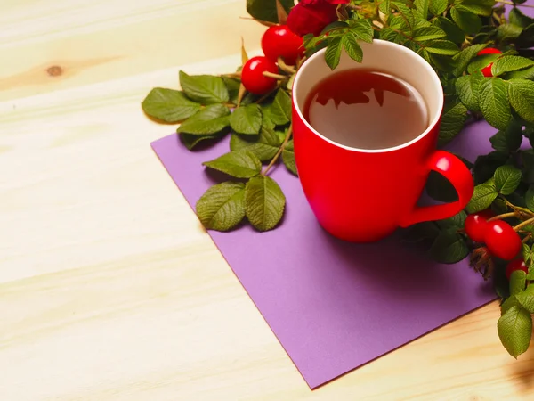 Red cup of hot tea with leaves and rose hips — Stock Photo, Image