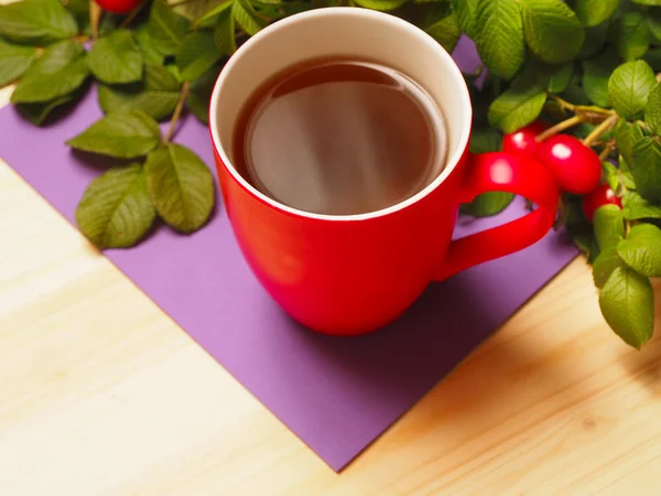 Red cup of hot tea with leaves and rose hips — Stock Photo, Image