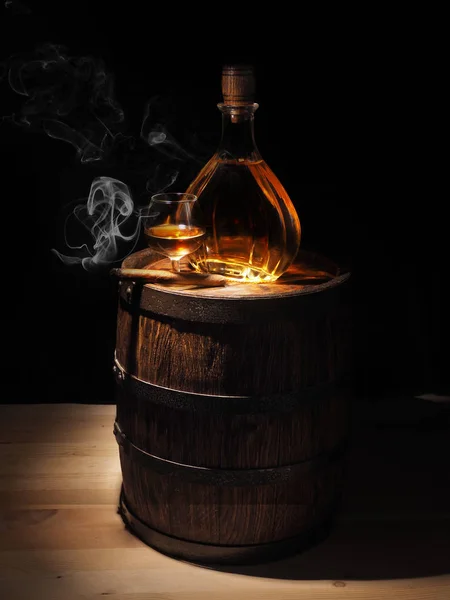 Glass of Cognac , Cigar and old oak barrel — Stock Photo, Image