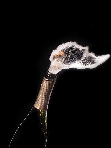 Champagnerflasche und Spray auf schwarzem Hintergrund — Stockfoto
