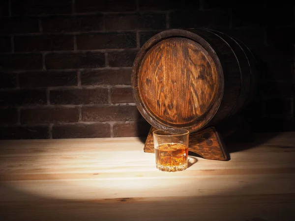 Glass of whiskey , Cigar and old oak barrel — Stock Photo, Image