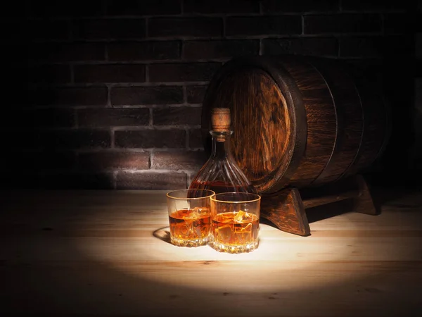 Glass of whiskey , Cigar and old oak barrel — Stock Photo, Image