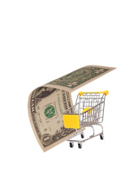 Beyaz arka planda alışveriş arabası ve dolar.