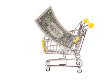 Beyaz arka planda alışveriş arabası ve dolar.