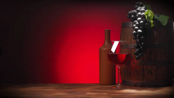 Glas Rotwein und rustikales Fass. roter Akzent — Stockfoto