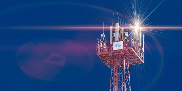 電気通信Gsm 5Gタワーの上にある携帯電話アンテナ将来の通信システム 3Dイラスト — ストック写真