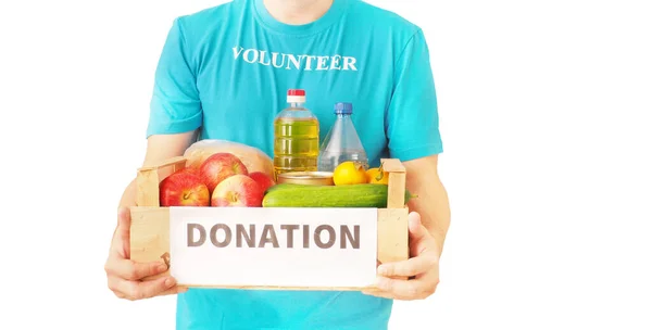 Freiwillige Helfer Und Eine Kiste Mit Lebensmitteln Spendenkonzept Isoliert — Stockfoto