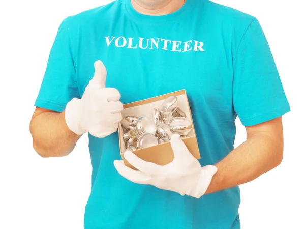 Волонтёр Использованными Лампами Белом Фоне — стоковое фото