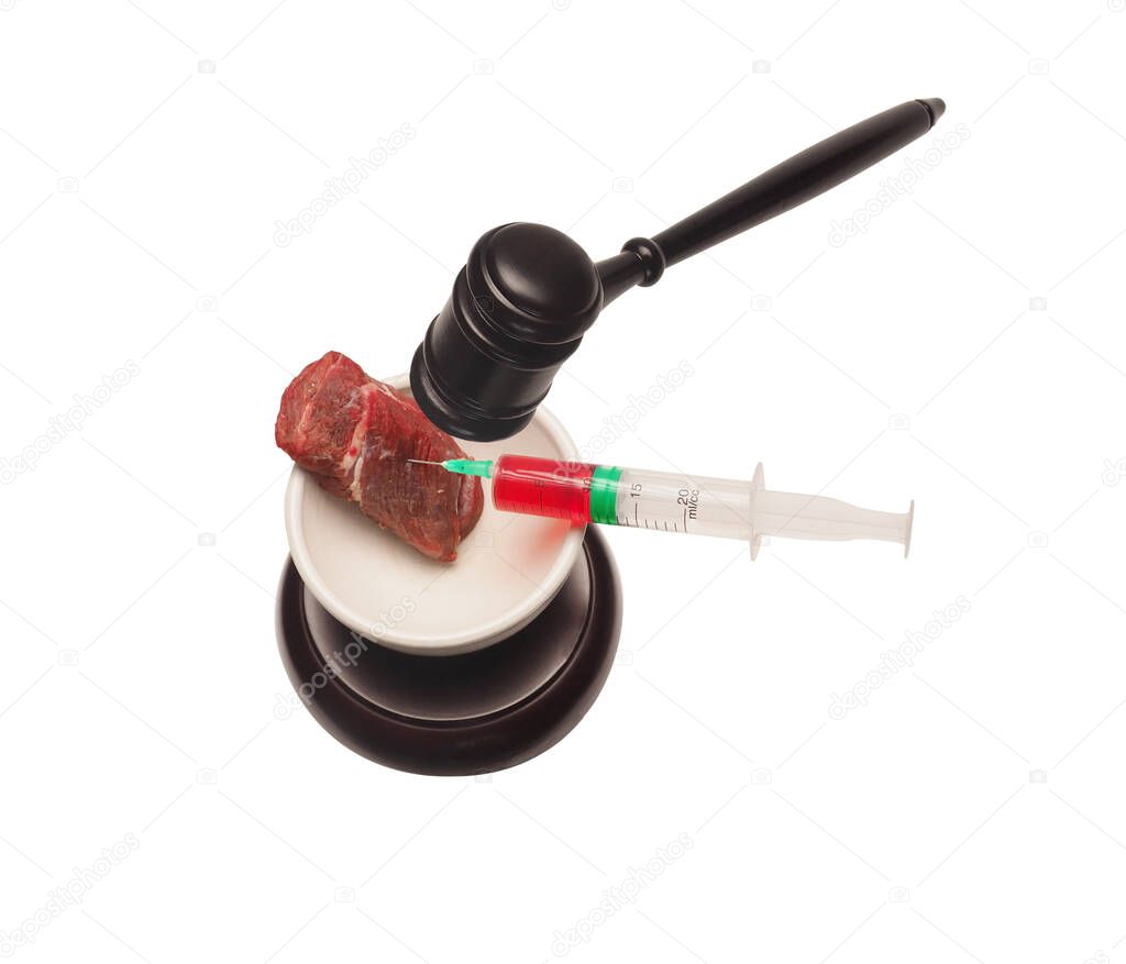 Judge gavel and Artificial meat, isolated on white background. The concept of replacing natural products.
