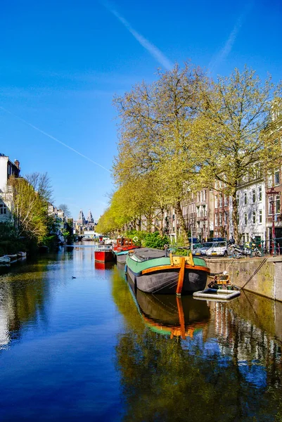 Vistas Canal Barcos Ámsterdam — Foto de Stock