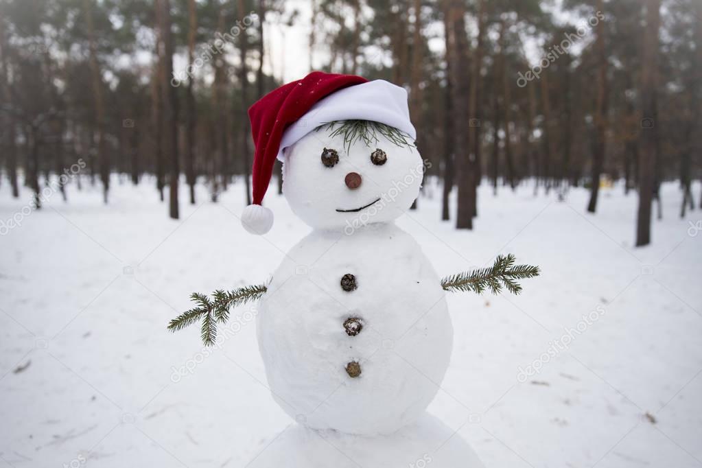 snowman in red hat of Santa Claus 