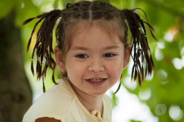 Rolig fyra-årig tjej med en frisyr från en massa flätor i — Stockfoto