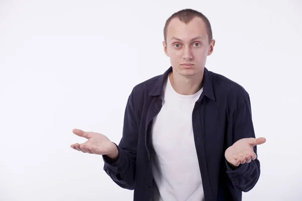 On a white background a man in a white T-shirt and a purple shir — Stock Photo, Image