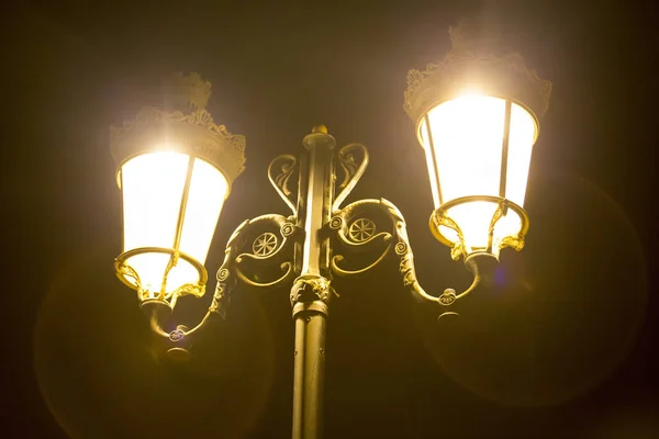 A lit forged street lamp with two lamps  on the background of th