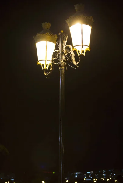 A lit forged street lamp with two lamps against the background o