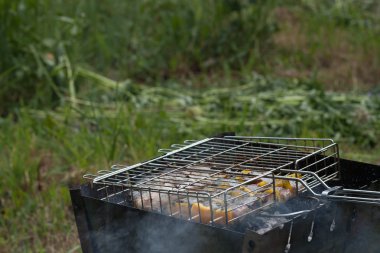 Bahçede yaz güneşli bir günde ızgara balık ve tatlı biber