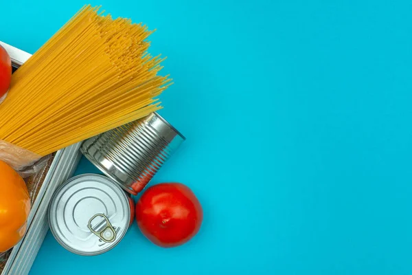 Food supply, set, donation on a blue background