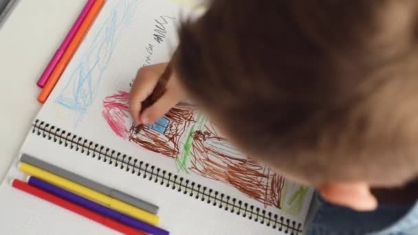Милий маленький хлопчик малює вдома — стокове відео