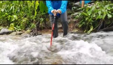 Turistler, yürüyüşçüler ya da dağcılar ormanın derinliklerinde akan bir nehri ya da şelaleyi geçiyorlar. Doğal yollarla seyahat et 