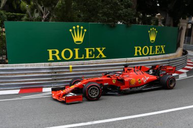 Monte Carlo, Monako - 23 Mayıs 2019. Monte Carlo, Monako - 23 Mayıs 2019. Scuderia Ferrari 'den Sebastian Vettel F1 Monako Grand Prix antrenmanı sırasında