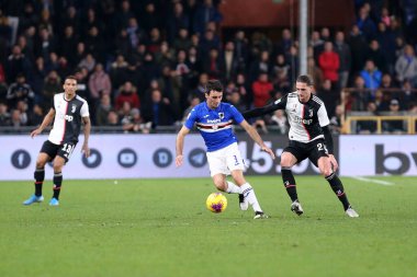 Cenova, İtalya. 18 Aralık 2019. İtalyan Serie A. Uc Sampdoria, Uc Sampdoria 'dan Juventus Fc. Tommaso Augello' ya karşı..   