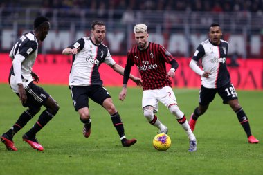 Milano, İtalya. 13 Şubat 2020. Coppa Italia yarı final ilk ayağı. Ac Milan ve Juventus Fc. Ac Milan 'dan Samu Castillejo. 