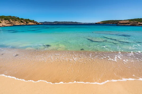 İbiza plajı. İbiza yazı. İspanya 'nın batısındaki Cala Bassa plajı..