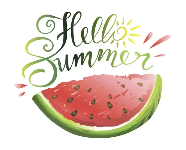 Bonjour, lettrage d'été dessiné à la main avec une tranche de pastèque. Modèle de logo. — Image vectorielle