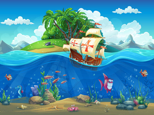 Undersea world with island and sailing ship