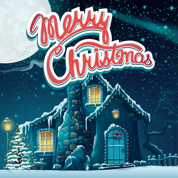 Векторная иллюстрация Merry Christmas with snow-covered house in t — стоковый вектор