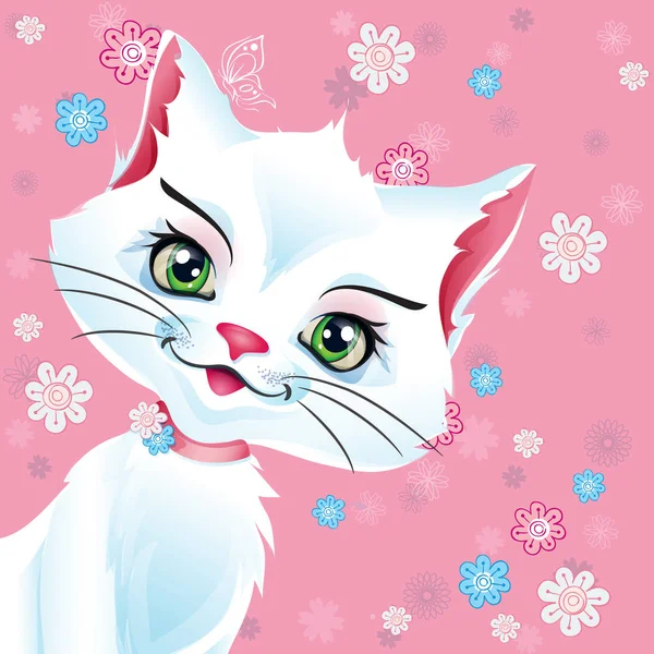 Ilustração vetorial de um gato branco em um fundo rosa — Vetor de Stock