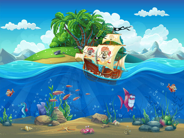 Piirate ship on background of tropical island