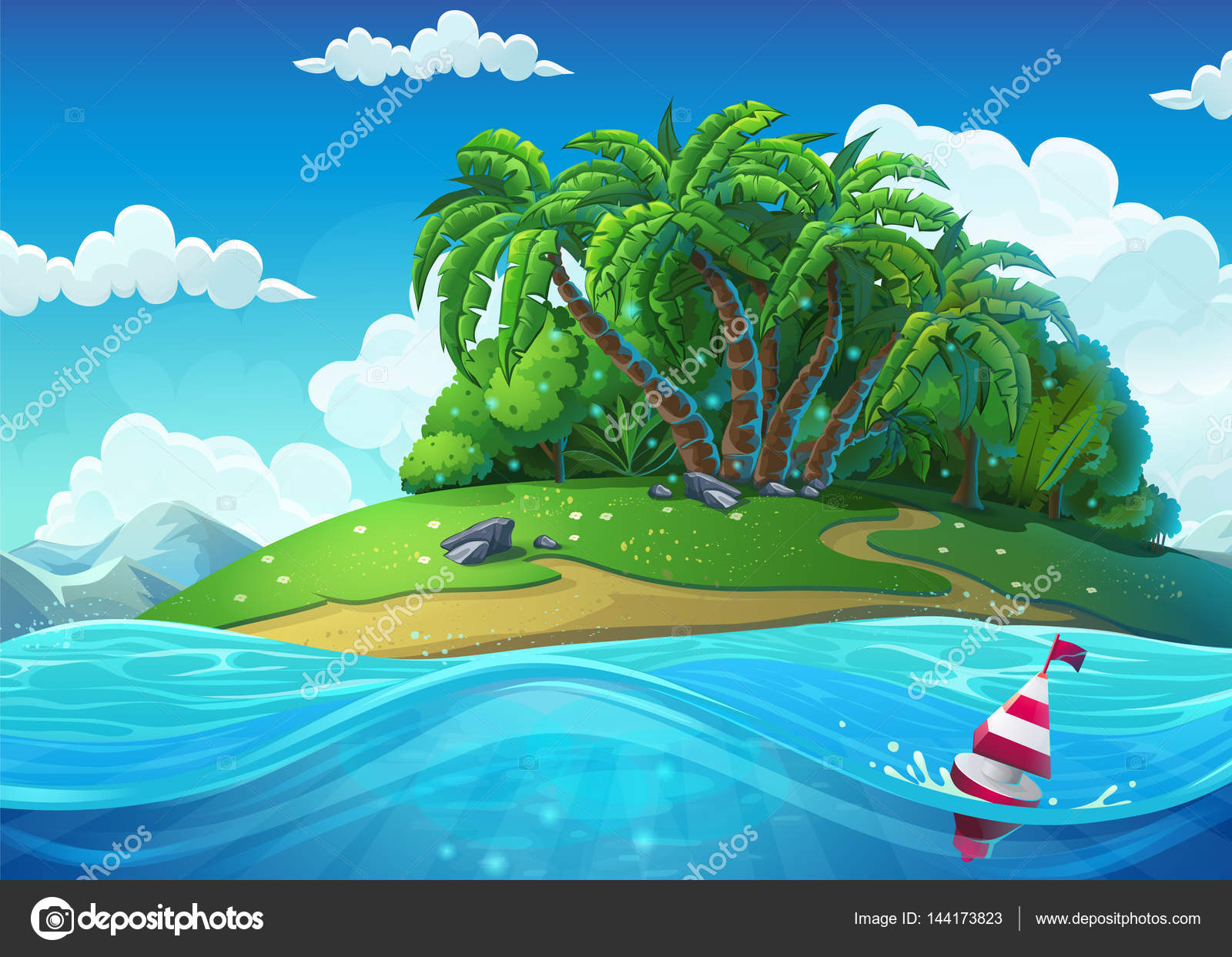 Float On The Background Of The Island With Palm Trees In The Sea Stock