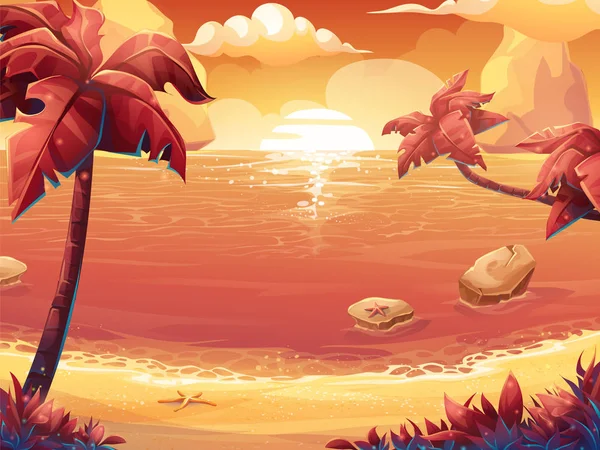 Crimson słońca, wschody i zachody słońca nad morzem z palmami — Wektor stockowy